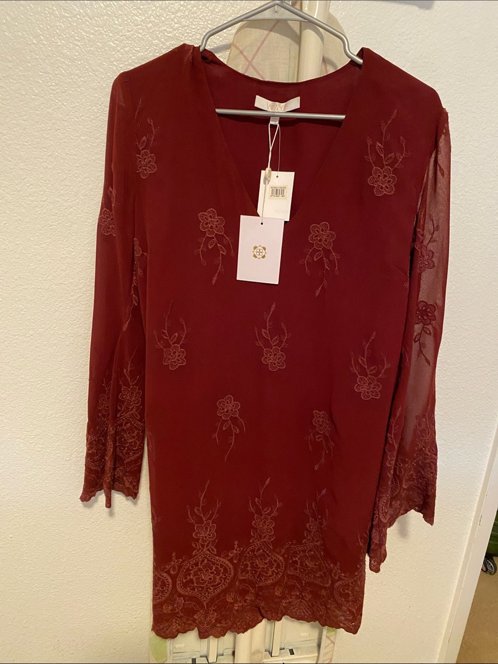 Wayf Wine Red Long Sleeve V-Neck Embroidered Dress